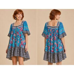 New UMGEE S 6 8  Mixed Floral Print Square Neck Ruffle Sleeve Button Front Dress